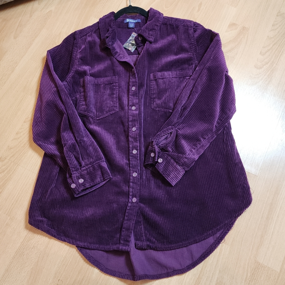 Roaman's Corduroy Button Front Shacket Shirt Jacket Plum Purple Size 14W